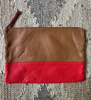 Gap color-blocked leather clutch pouch brown pebble-leather bright red zip